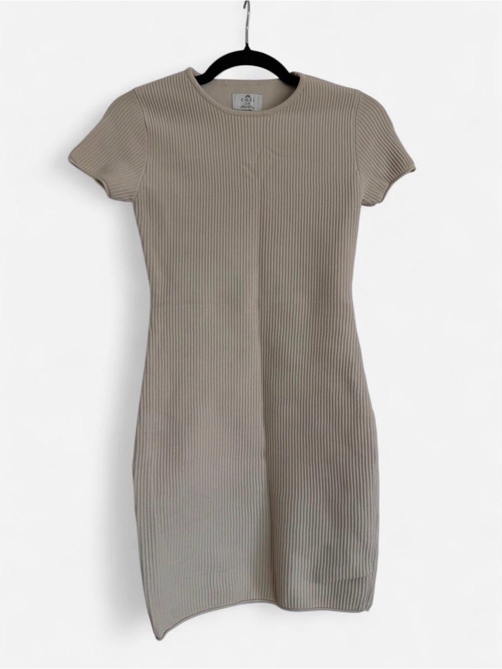 Aritzia Short-Sleeve Ribbed Bodycon Dress in Taupe